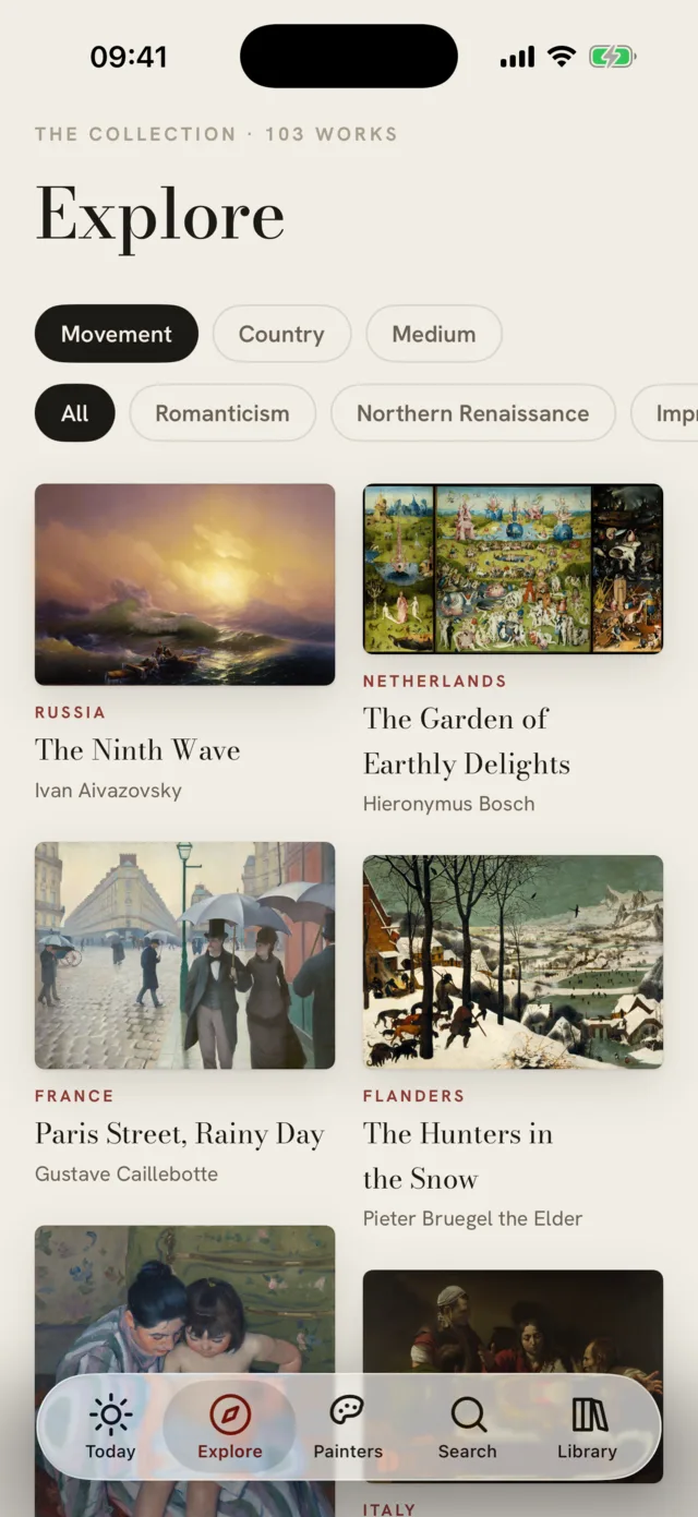 Hear Art Explore screen with a catalogue of paintings